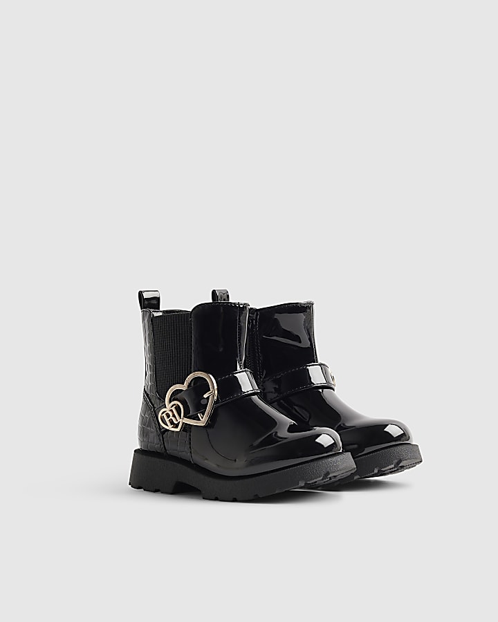 Mini Girls Black Heart Buckle Boots