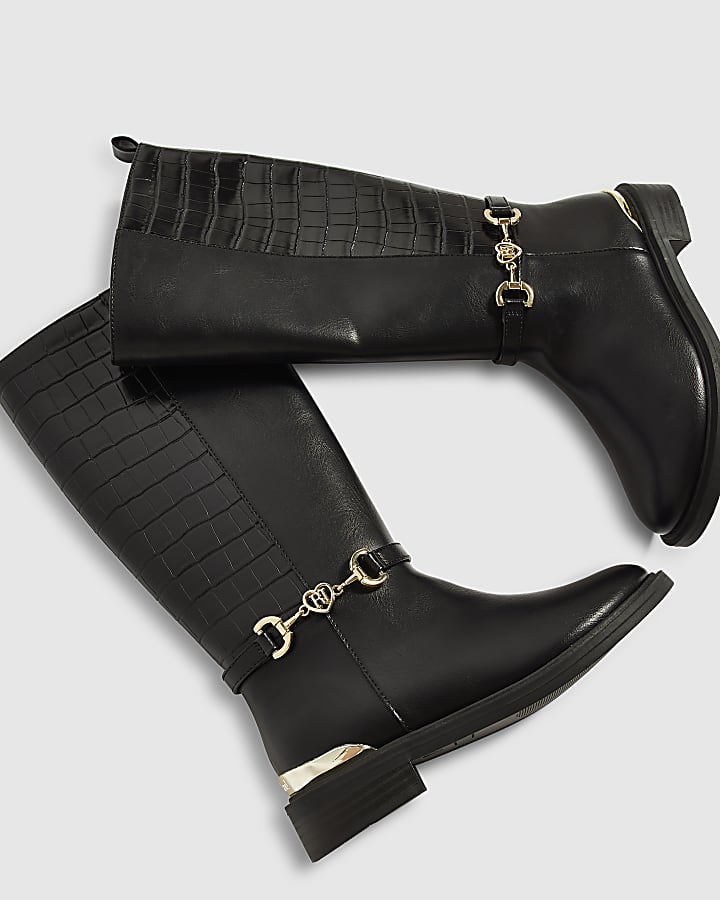 Girls Black Croc Buckle Knee High Boots