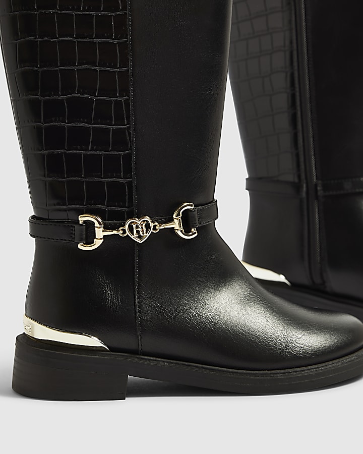 Girls Black Croc Buckle Knee High Boots