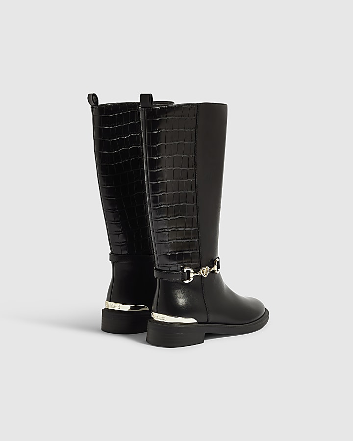 Girls Black Croc Buckle Knee High Boots