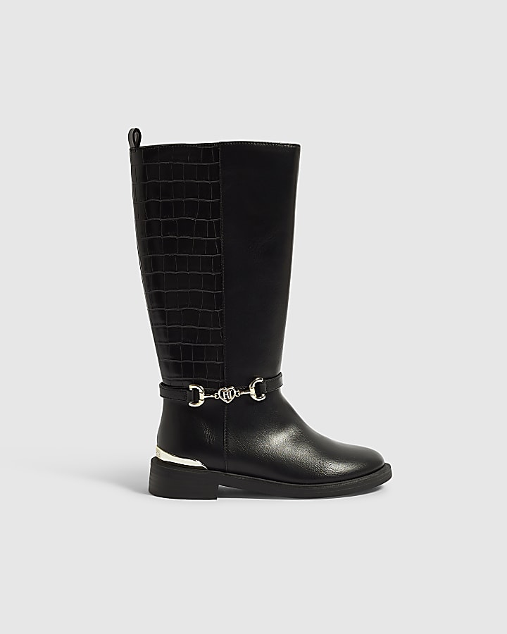 Girls Black Croc Buckle Knee High Boots