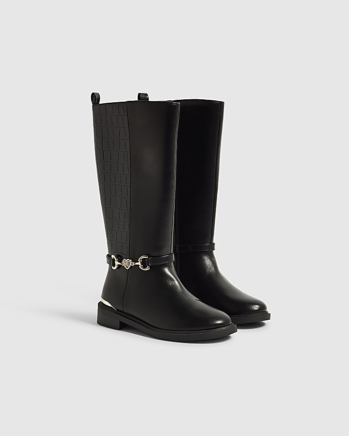 Girls Black Croc Buckle Knee High Boots