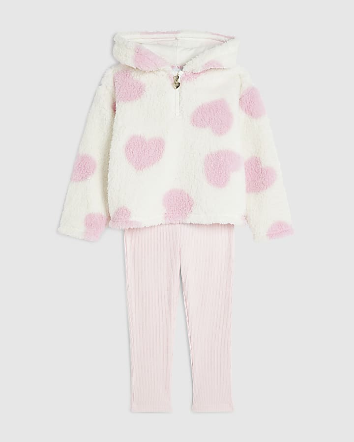 Mini Girls Cream Heart Borg Loungewear Set
