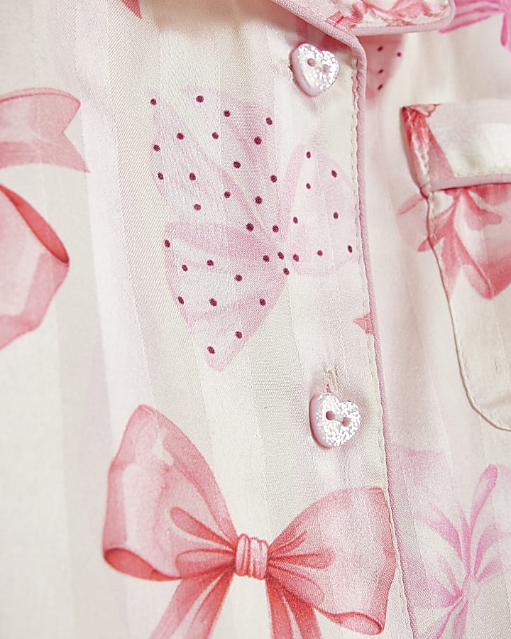 Mini Girls Pink Satin Bow Print Pyjamas Set