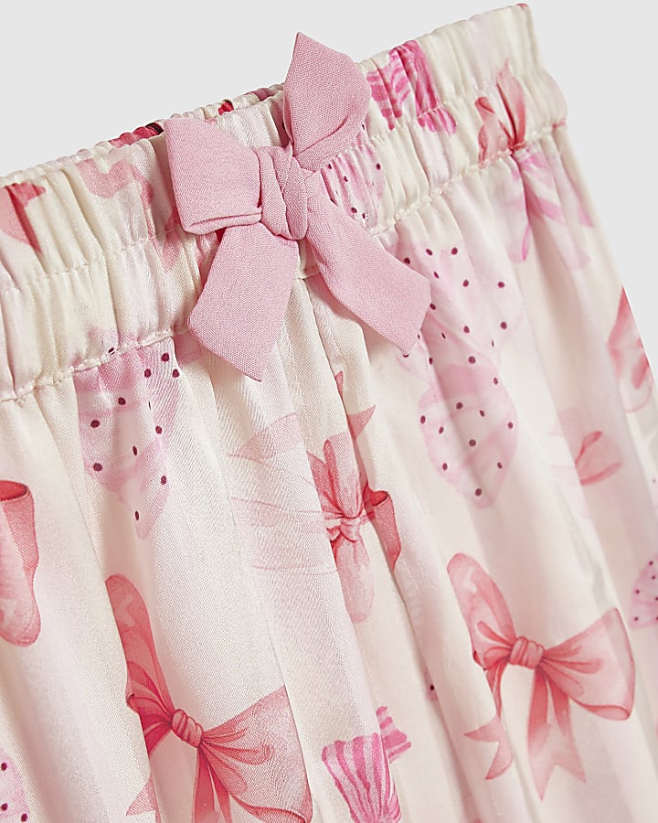 Mini Girls Pink Satin Bow Print Pyjamas Set