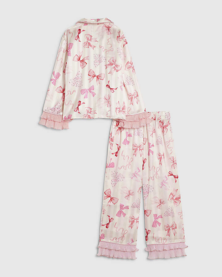 Mini Girls Pink Satin Bow Print Pyjamas Set