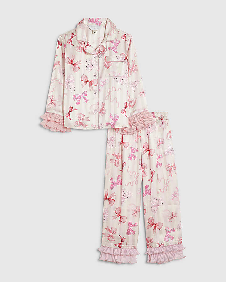 Mini Girls Pink Satin Bow Print Pyjamas Set