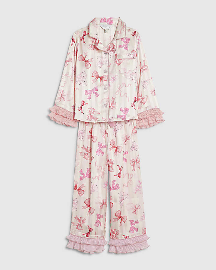 Mini Girls Pink Satin Bow Print Pyjamas Set
