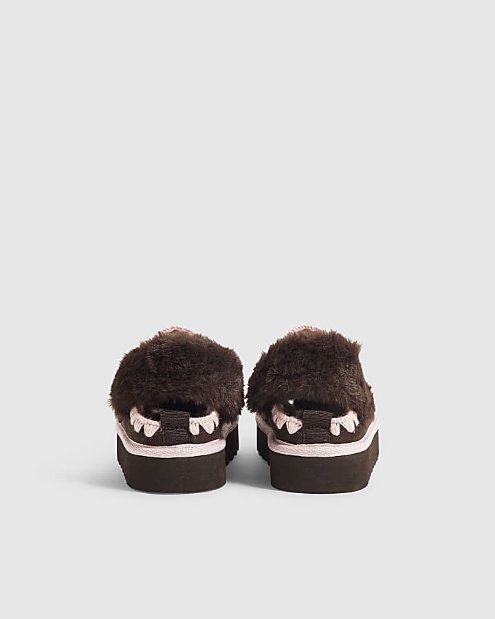 Girls Brown Faux Fur Lined Slippers
