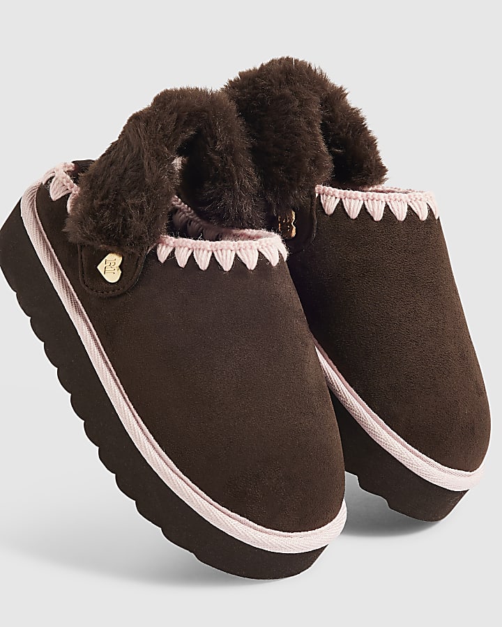 Girls Brown Faux Fur Lined Slippers