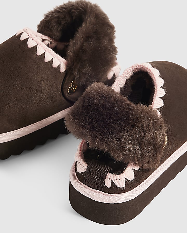 Girls Brown Faux Fur Lined Slippers