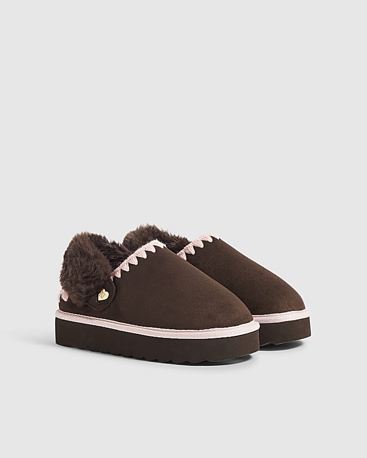 Girls Brown Faux Fur Lined Slippers