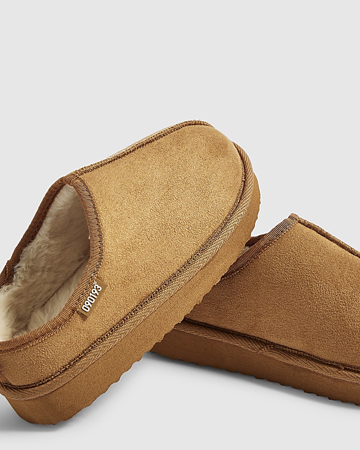 Boys Brown Faux Fur Lined Slippers