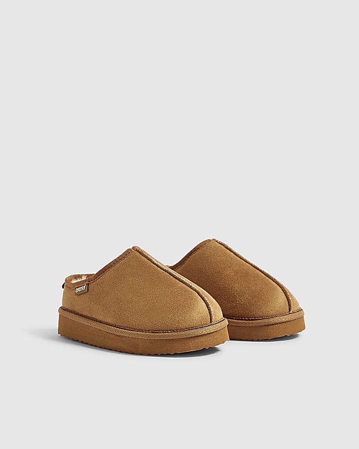Boys Brown Faux Fur Lined Slippers