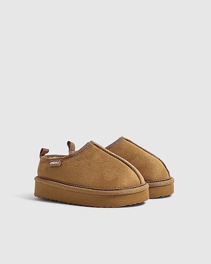 Mini Boys Brown Fur Lined Slippers