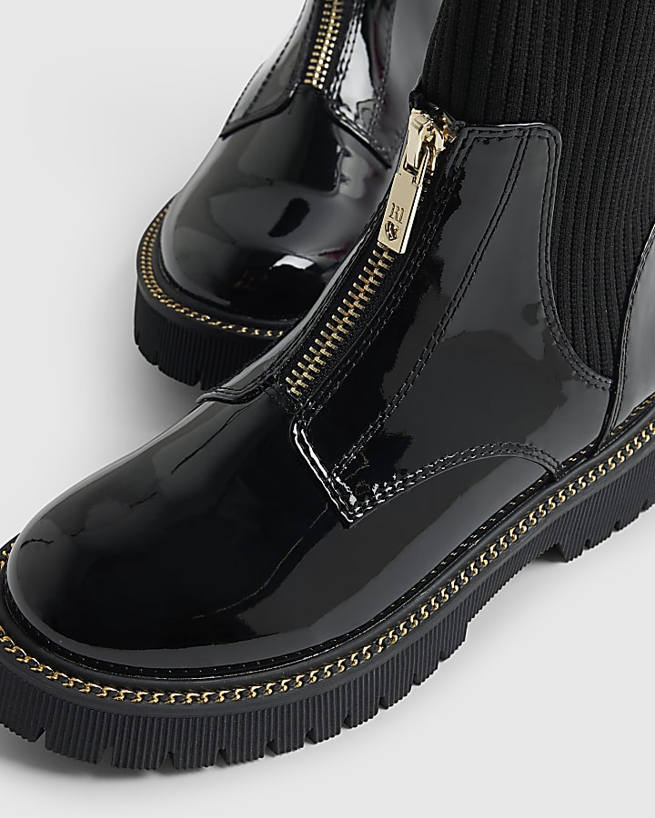 Girls Black Zip Front Boots