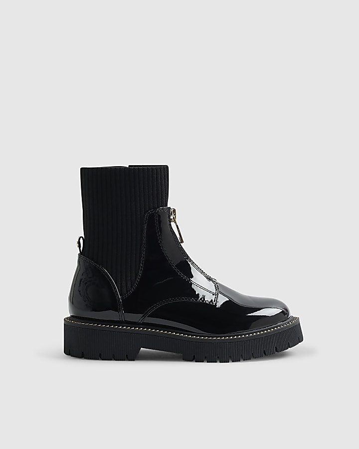 Girls Black Zip Front Boots