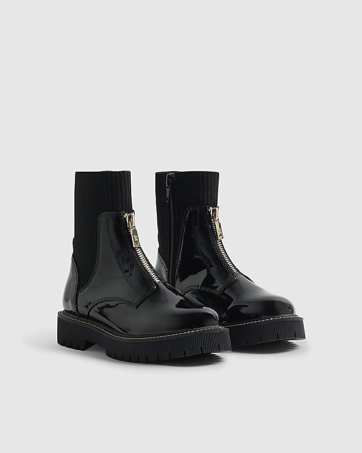Girls Black Zip Front Boots