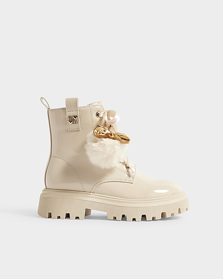 Girls Cream Scruff Resistant Lace Up Boots