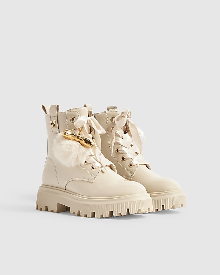 Girls Cream Scruff Resistant Lace Up Boots