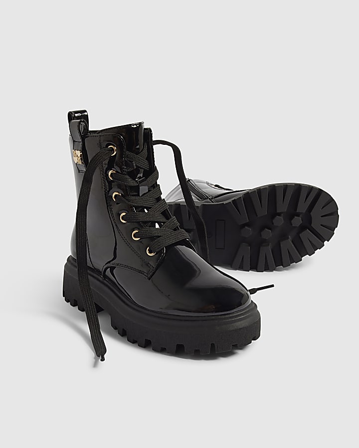 Girls Black Side Zip Pom Lace Up Boots