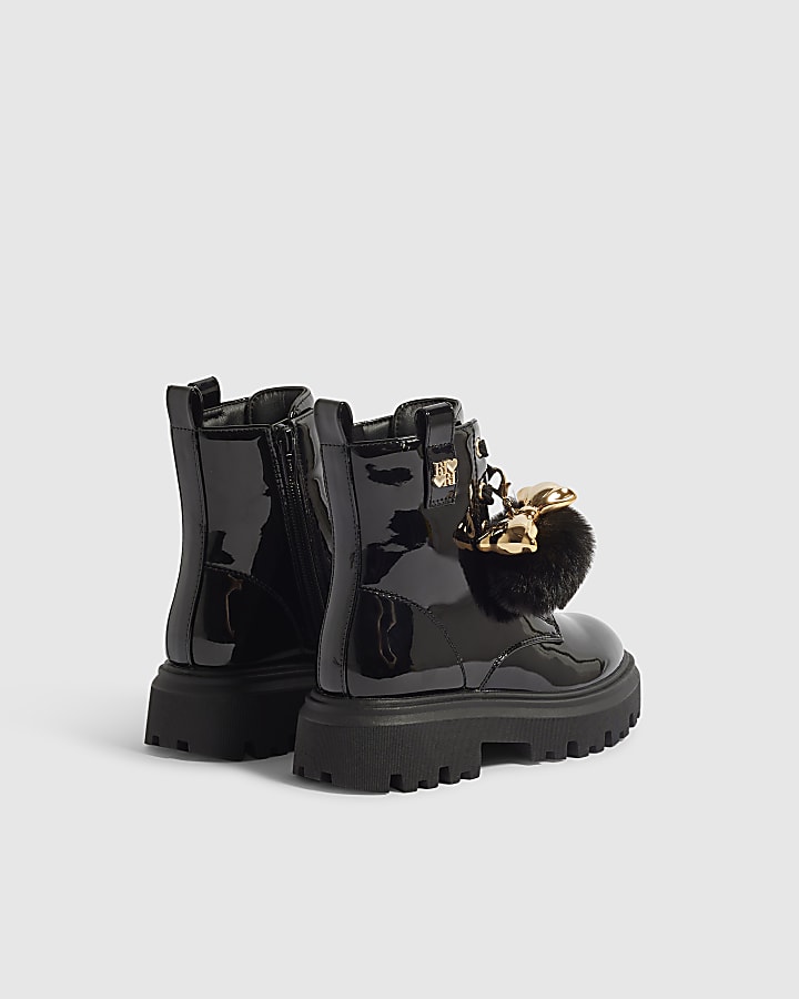 Girls Black Side Zip Pom Lace Up Boots