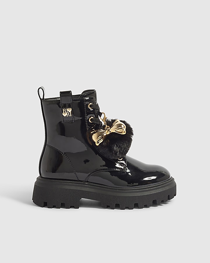 Girls Black Side Zip Pom Lace Up Boots