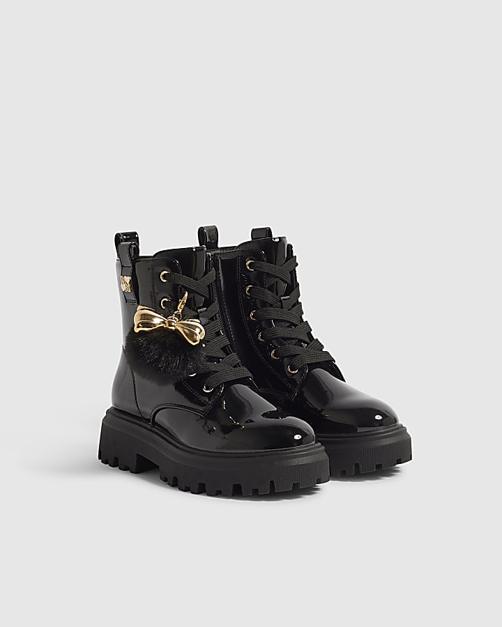 Girls Black Side Zip Pom Lace Up Boots
