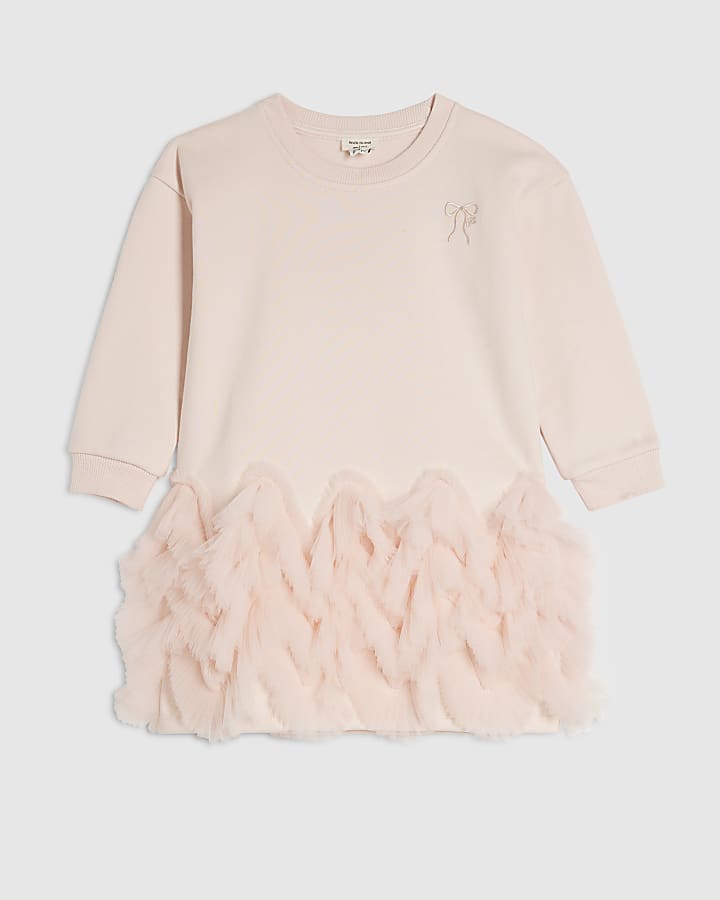 Mini Girls Pink Tulle Hem Sweatshirt Dress