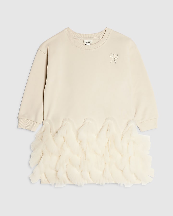 Mini Girls Cream Tulle Hem Sweatshirt Dress