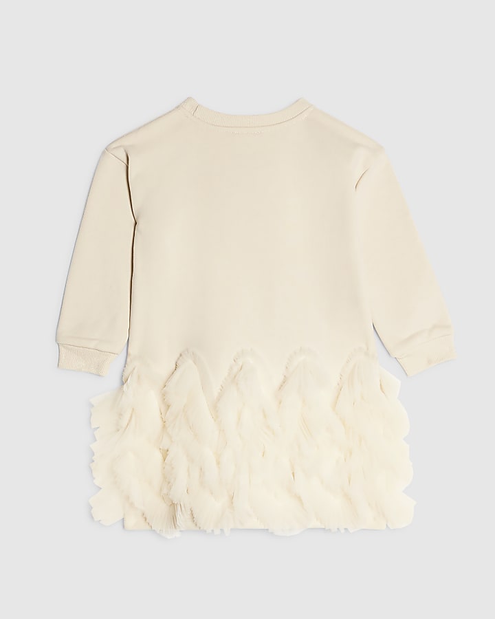 Mini Girls Cream Tulle Hem Sweatshirt Dress