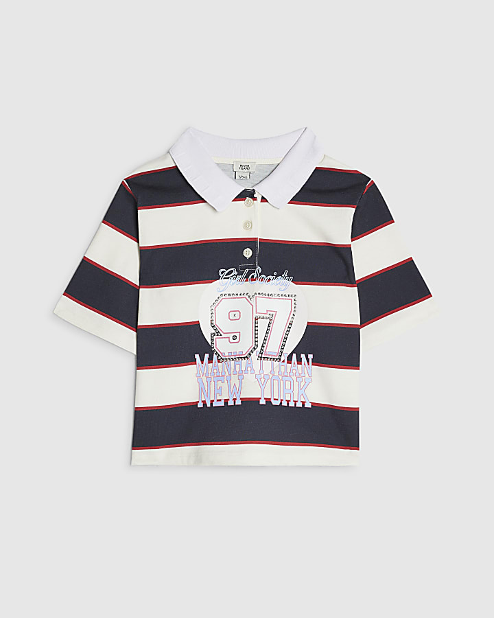 Girls Navy Diamante 97 Stripe Polo Top
