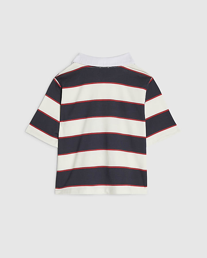 Girls Navy Diamante 97 Stripe Polo Top