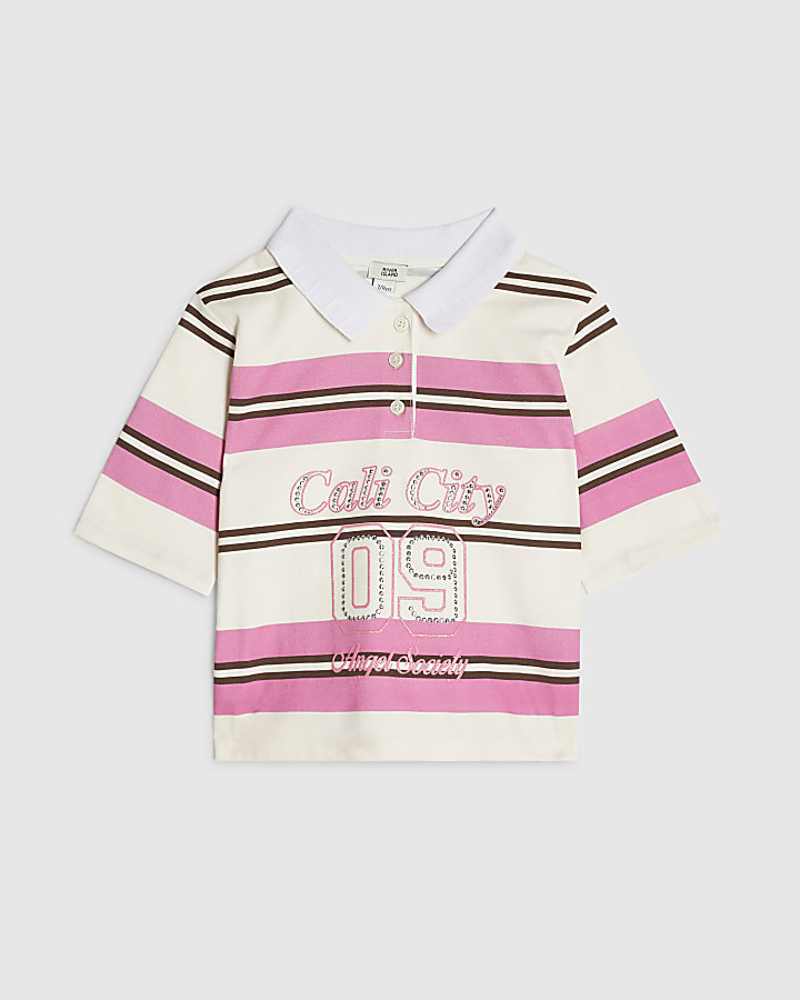Girls Pink Diamante 97 Stripe Polo Top