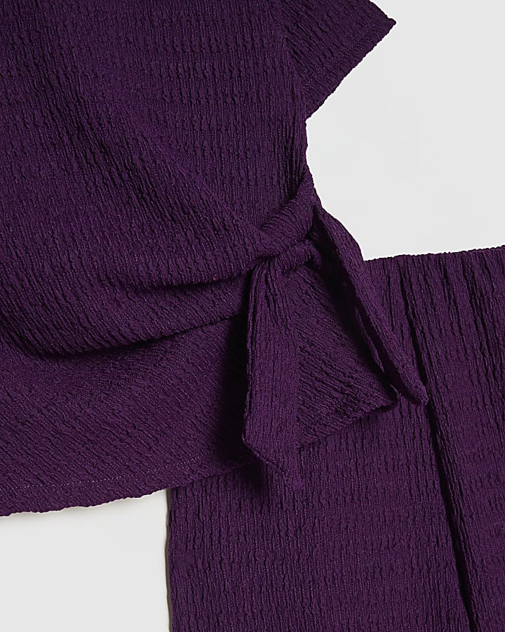 Girls Purple Knot Front Textured T-Shirt Set
