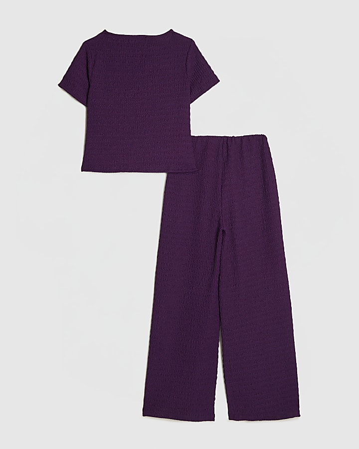 Girls Purple Knot Front Textured T-Shirt Set