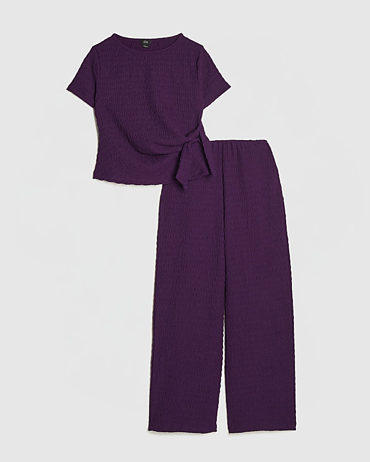 Girls Purple Knot Front Textured T-Shirt Set