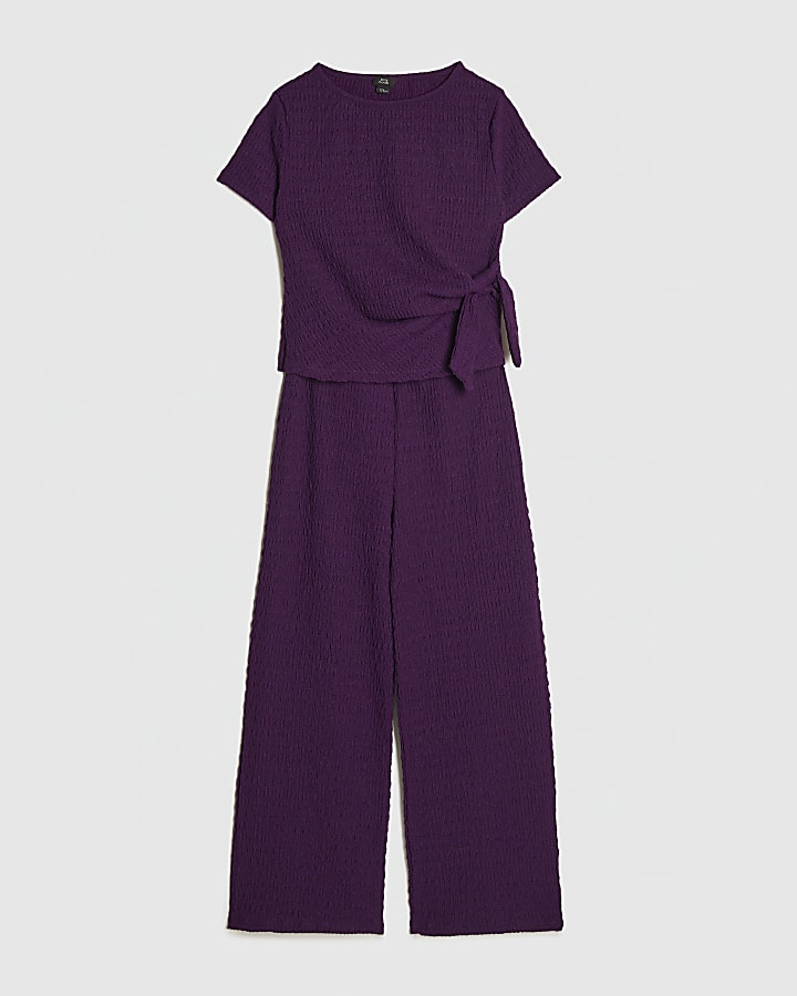 Girls Purple Knot Front Textured T-Shirt Set