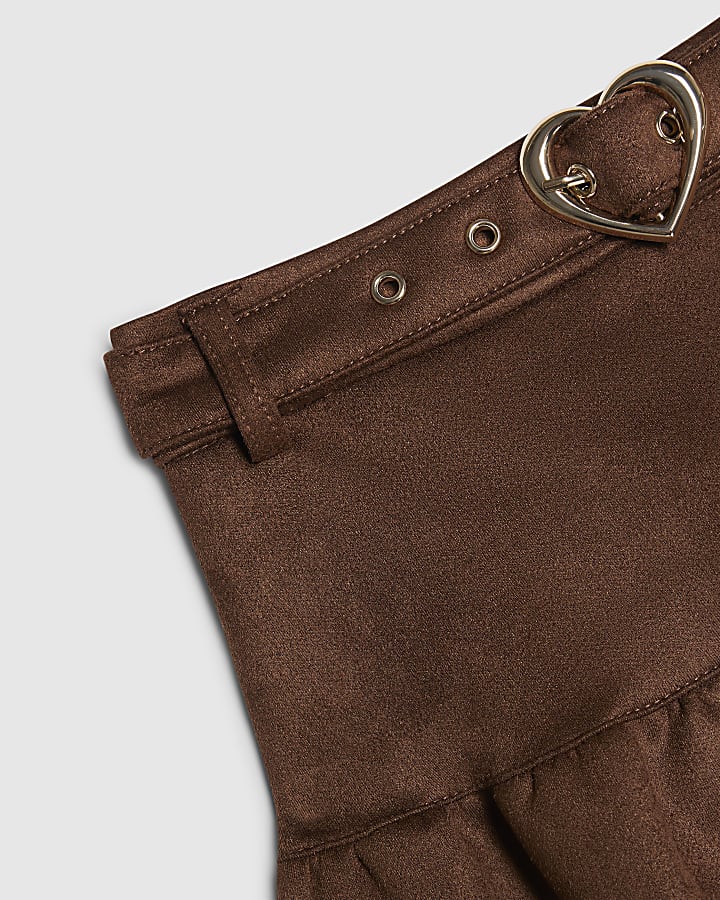 Girls Brown Faux Suede Tiered Skirt