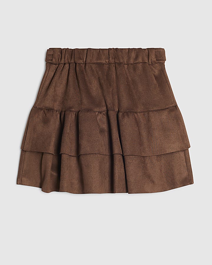 Girls Brown Faux Suede Tiered Skirt