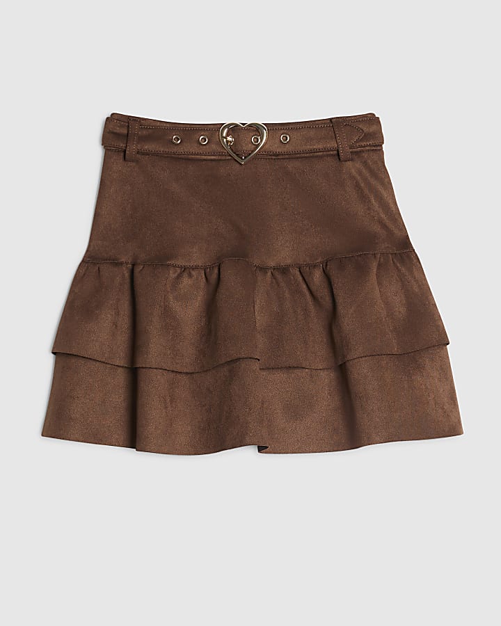 Girls Brown Faux Suede Tiered Skirt