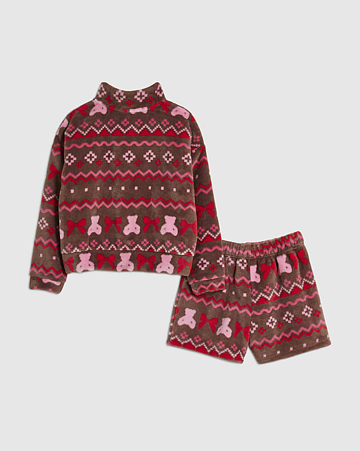 Girls Brown Fairisle Print Loungewear Set