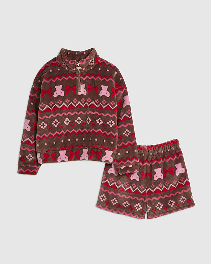 Girls Brown Fairisle Print Loungewear Set