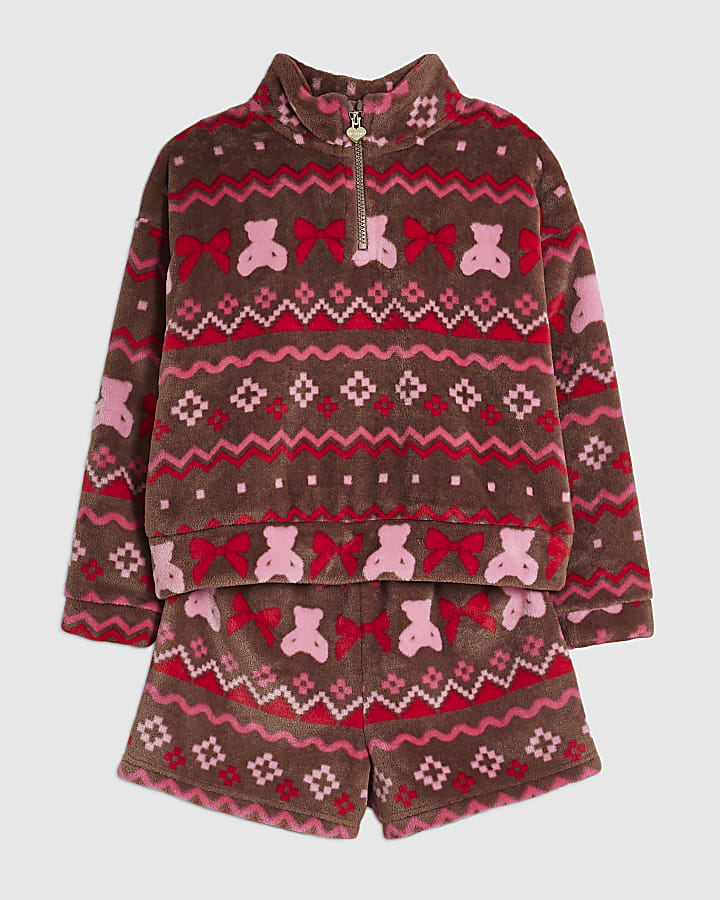 Girls Brown Fairisle Print Loungewear Set