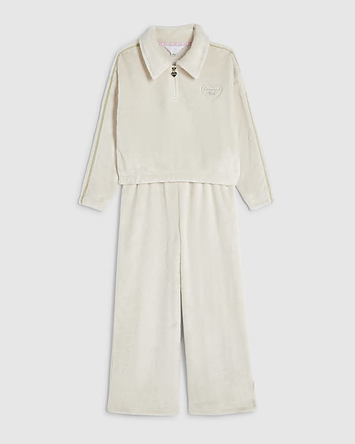 Girls Cream Velour Dreamer Club Shirt Set