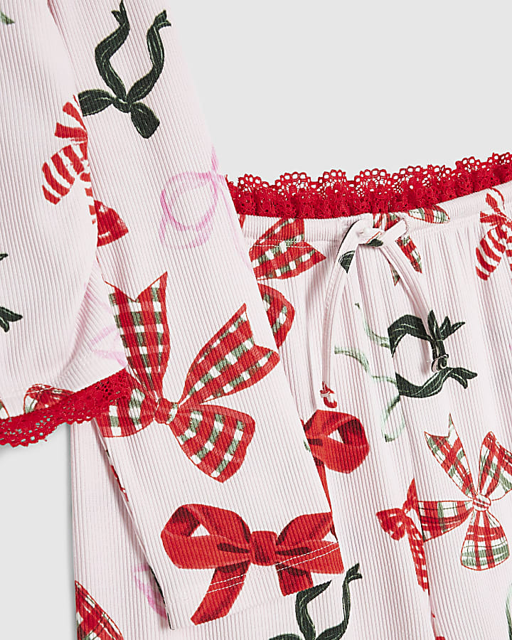 Girls Pink Red Bow Print Pyjamas