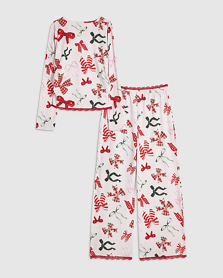 Girls Pink Red Bow Print Pyjamas