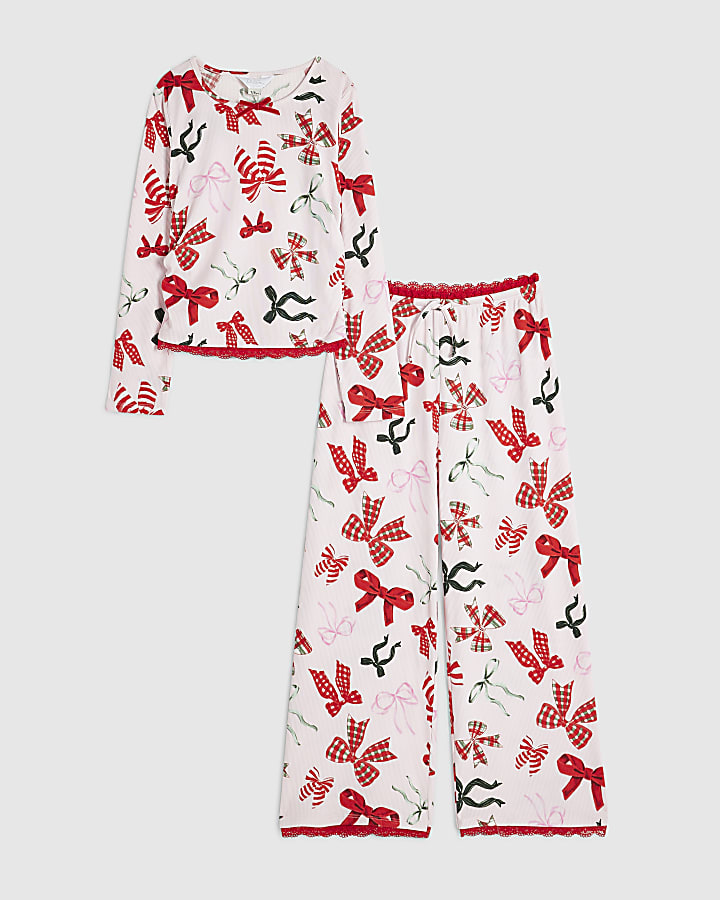 Girls Pink Red Bow Print Pyjamas