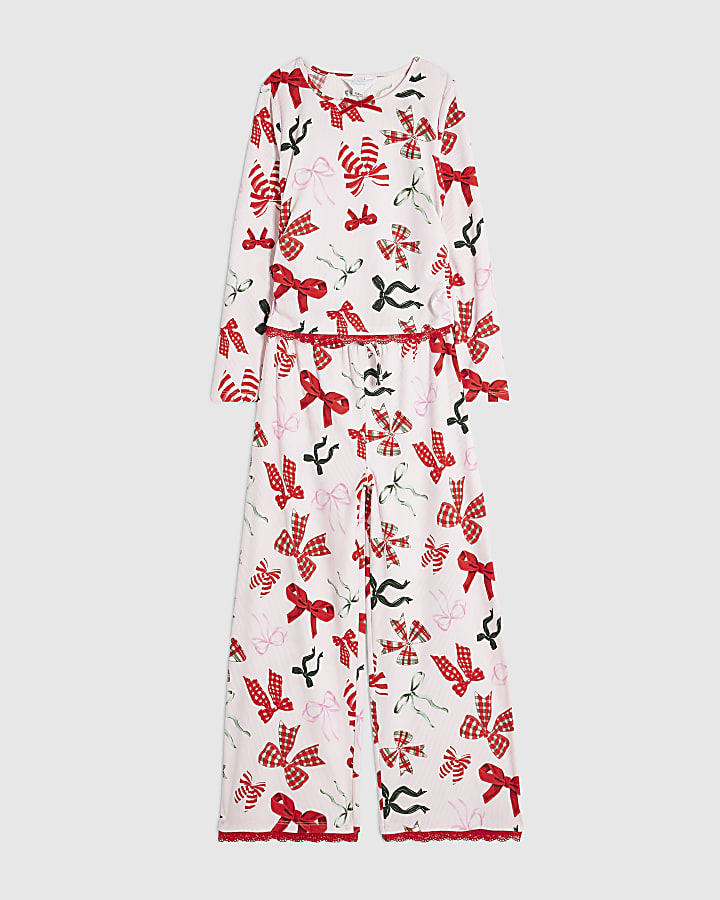 Girls Pink Red Bow Print Pyjamas