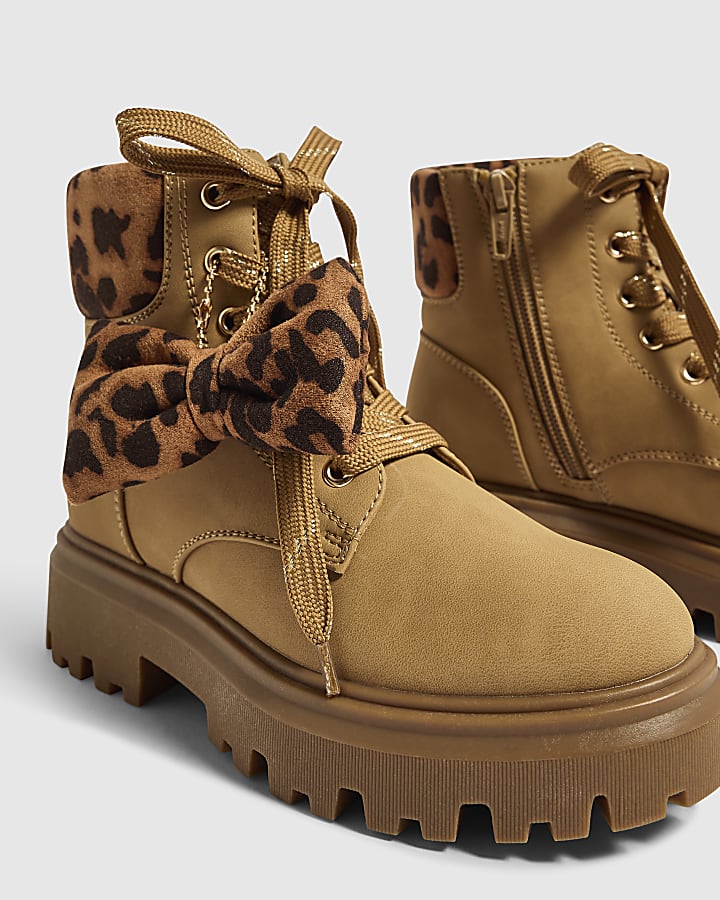 Girls Brown Leopard Print Cuff Hiker Boots